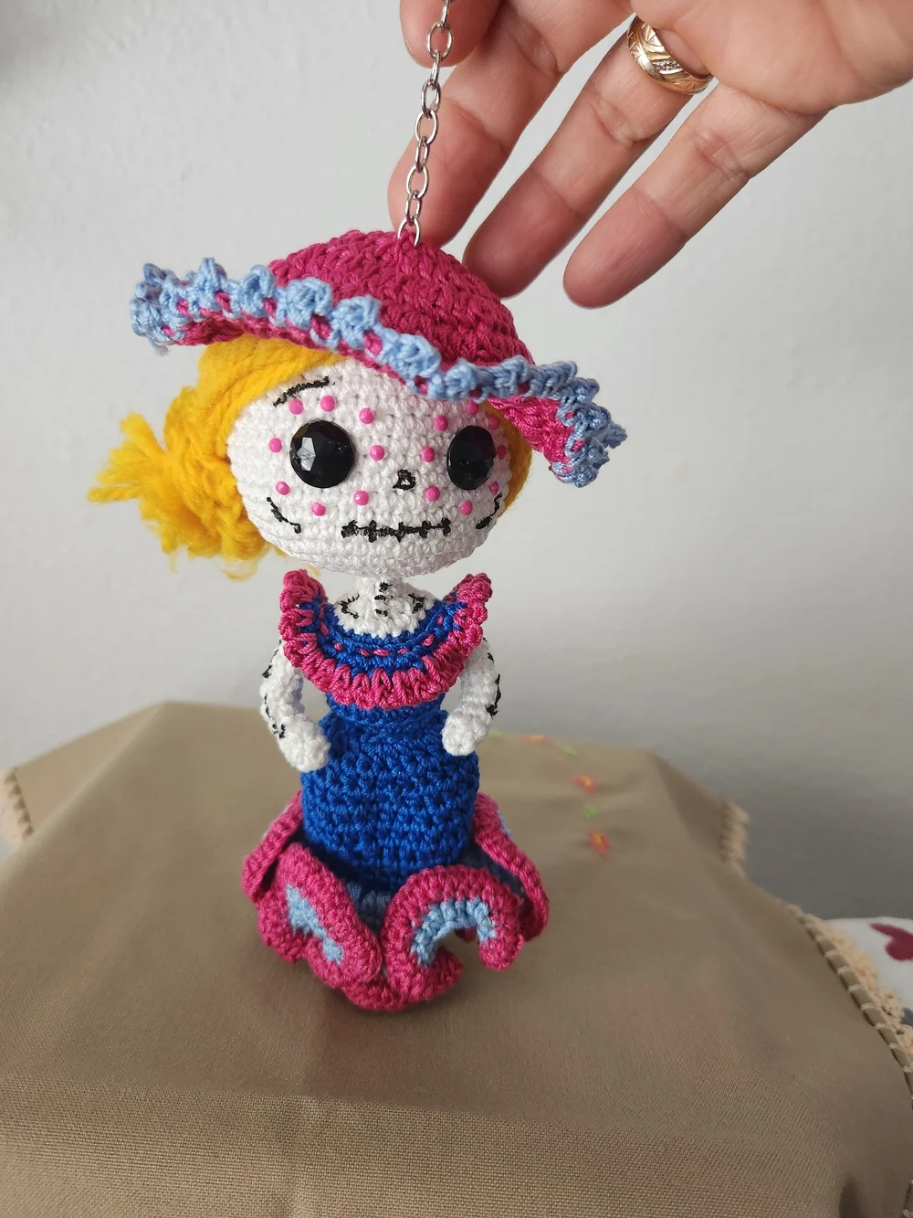 Handmade Crochet Doll Keychain - Pink & Blue